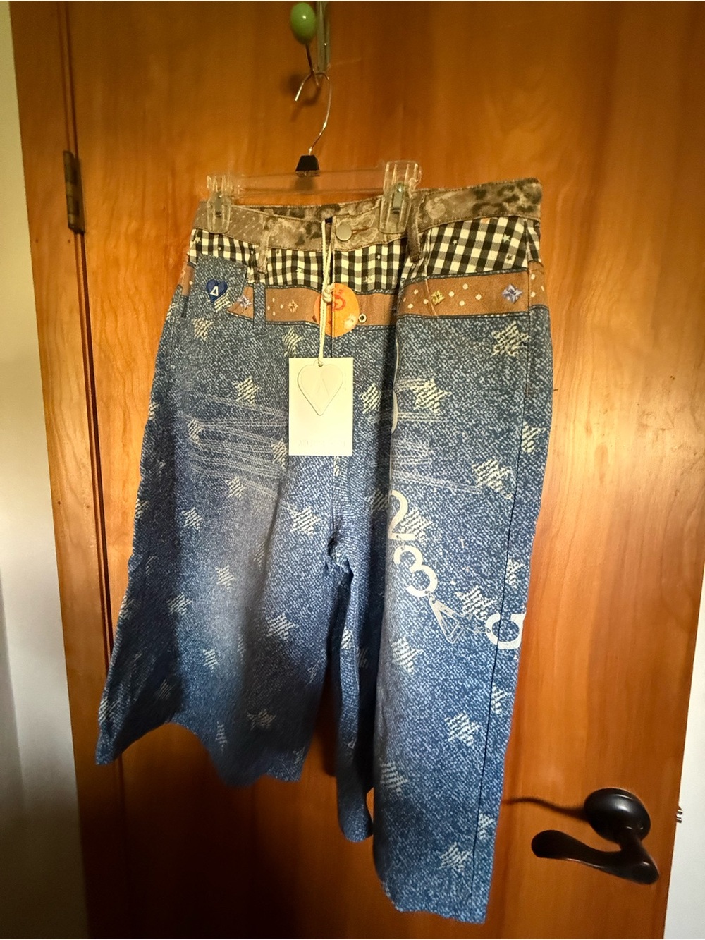 Aelfric Eden Blue Patterned Denim Jean Shorts with Mixed Waistband